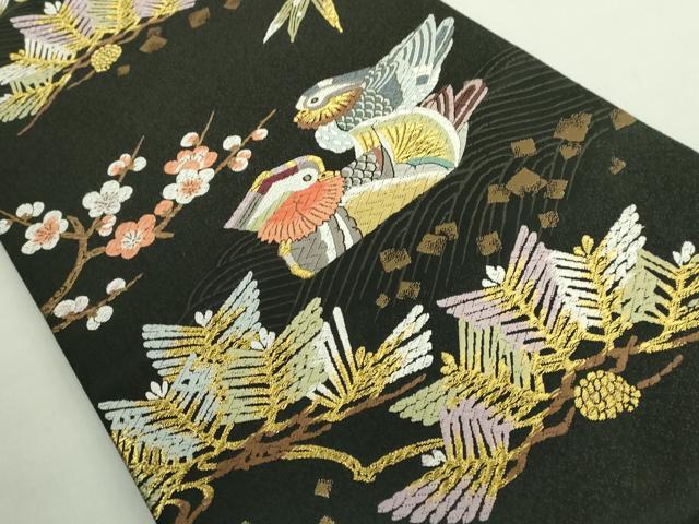 平和屋着物●極上　人間国宝・羽田登喜男　太鼓柄袋帯　唐織　松竹梅　鴛鴦　黒地　金銀糸　逸品　DZAB2363kh6