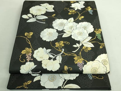 平和屋着物●極上　六通柄袋帯　唐織　葡萄蔦の葉花文　黒地　金糸　逸品　DZAB2383kh6