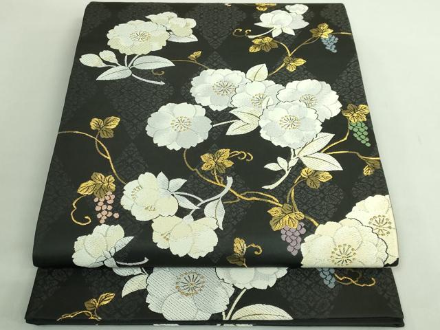 平和屋着物●極上　六通柄袋帯　唐織　葡萄蔦の葉花文　黒地　金糸　逸品　DZAB2383kh6
