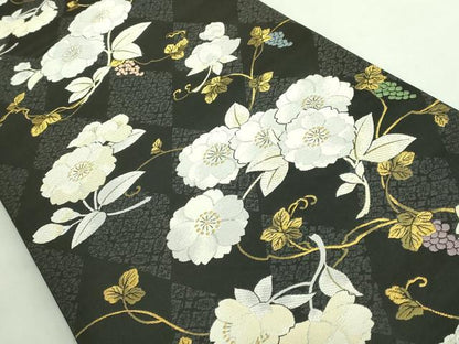 平和屋着物●極上　六通柄袋帯　唐織　葡萄蔦の葉花文　黒地　金糸　逸品　DZAB2383kh6