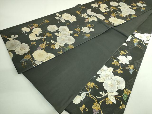 平和屋着物●極上　六通柄袋帯　唐織　葡萄蔦の葉花文　黒地　金糸　逸品　DZAB2383kh6