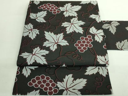 平和屋着物●極上　九寸名古屋帯　葡萄蔦の葉文　黒地　逸品　DZAB2397kh6