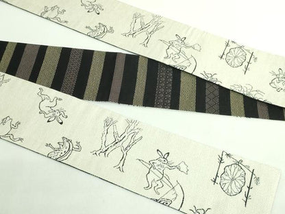 平和屋着物●極上　男性　両面　角帯　鳥獣戯画　横段文　逸品　DZAB2400kh6