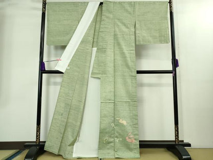 平和屋着物▽極上　能州紬　絲藝苑　上島洋山　訪問着　単衣　立波に兎　若葉色地　銀糸　ますいわ屋扱い　逸品　未使用　DZAB2411kh6