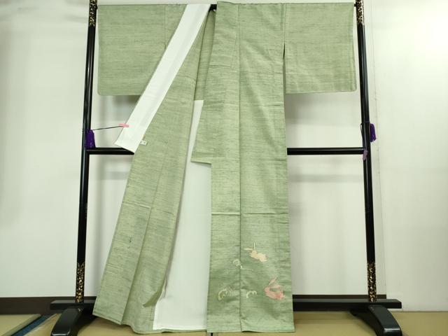 平和屋着物▽極上　能州紬　絲藝苑　上島洋山　訪問着　単衣　立波に兎　若葉色地　銀糸　ますいわ屋扱い　逸品　未使用　DZAB2411kh6