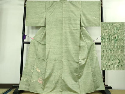 平和屋着物▽極上　能州紬　絲藝苑　上島洋山　訪問着　単衣　立波に兎　若葉色地　銀糸　ますいわ屋扱い　逸品　未使用　DZAB2411kh6