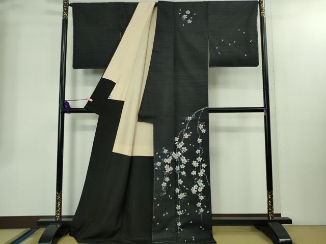 平和屋本店●極上　石川県指定無形文化財　牛首紬　白山工房　手織り　訪問着　手描き　枝桜　黒地　証紙付き　逸品　DZAB2413kh6