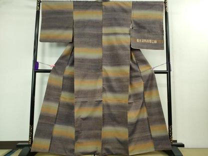 平和屋本店●極上　郡上紬　草木染　横段文　反端付き　逸品　DZAB2418kh6