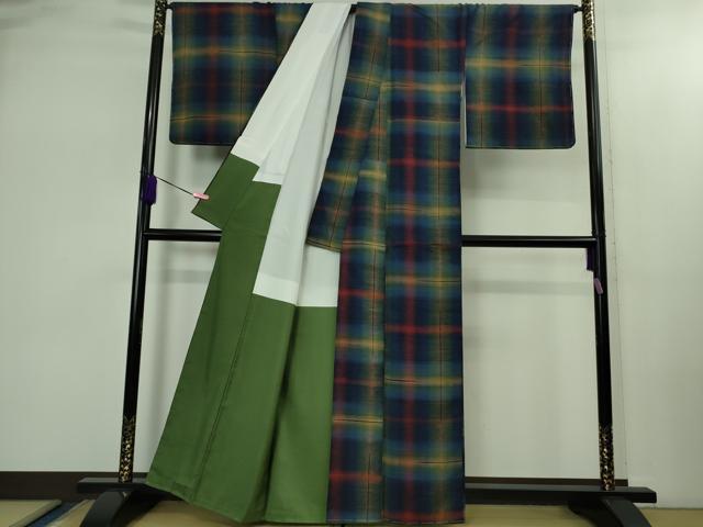 平和屋本店●極上　郡上紬　草木染　宗広ふきゑ作　変わり格子　反端付き　逸品　未使用　DZAB2420kh6