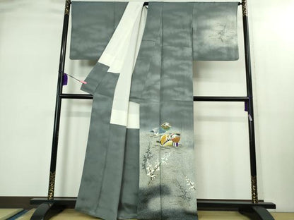 平和屋本店●極上　人間国宝・羽田登喜男　訪問着　鴛鴦　御召御納戸色地　暈し染め　金銀彩　反端付き　逸品　DZAB2426kh6