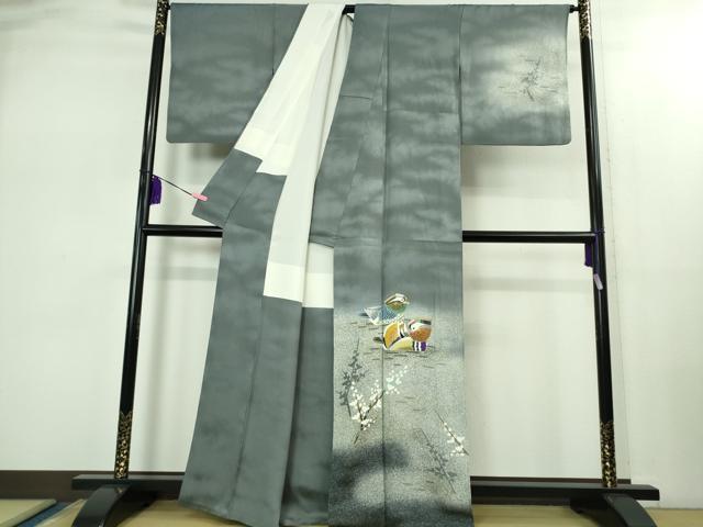 平和屋本店●極上　人間国宝・羽田登喜男　訪問着　鴛鴦　御召御納戸色地　暈し染め　金銀彩　反端付き　逸品　DZAB2426kh6