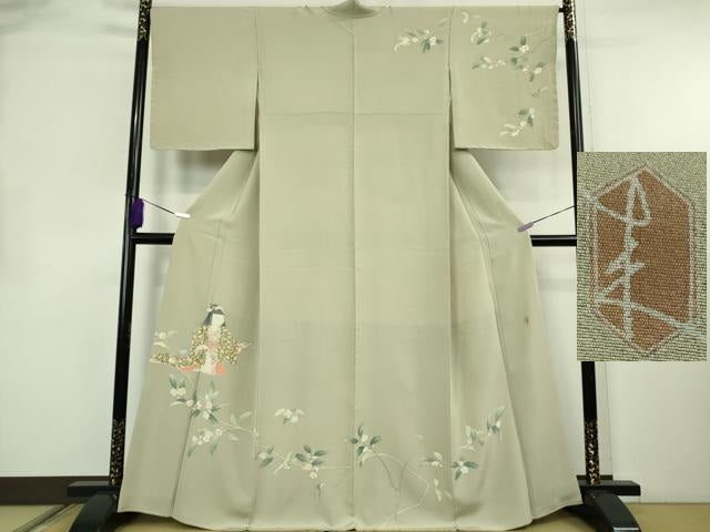 平和屋本店●極上　二代目・由水十久　本加賀友禅　訪問着　茶乃花　人物文　柳鼠色地　逸品　DZAB2430kh6