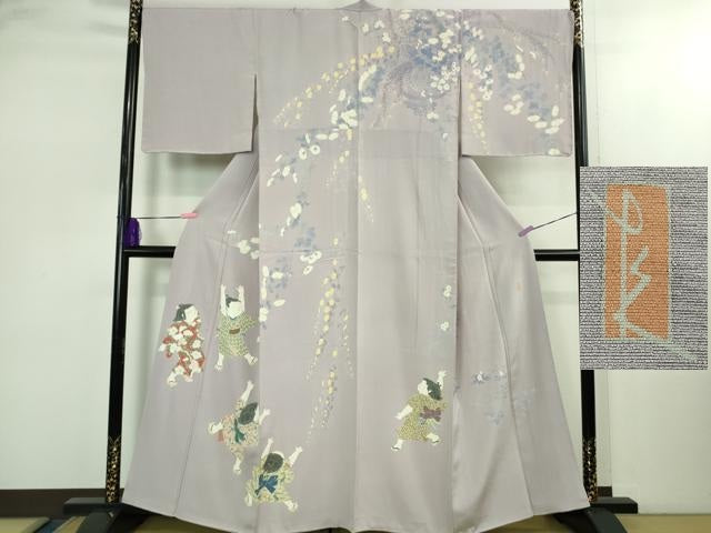 平和屋本店●極上　加賀友禅の巨匠　初代　由水十久　訪問着　童子遊び　薄葡萄色地　逸品　DZAB2432kh6