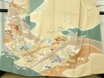 平和屋本店●極上　創業460年・千總　訪問着　駒刺繍　扇面飛鶴鴛鴦花文　丁子色地　暈し染め　金彩　大丸扱い　逸品　DZAB2437kh6