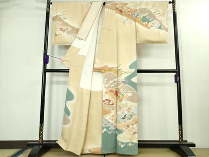 平和屋本店●極上　創業460年・千總　訪問着　駒刺繍　扇面飛鶴鴛鴦花文　丁子色地　暈し染め　金彩　大丸扱い　逸品　DZAB2437kh6