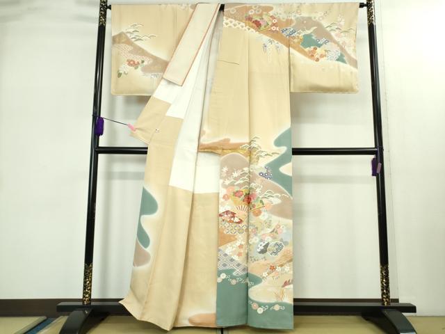 平和屋本店●極上　創業460年・千總　訪問着　駒刺繍　扇面飛鶴鴛鴦花文　丁子色地　暈し染め　金彩　大丸扱い　逸品　DZAB2437kh6
