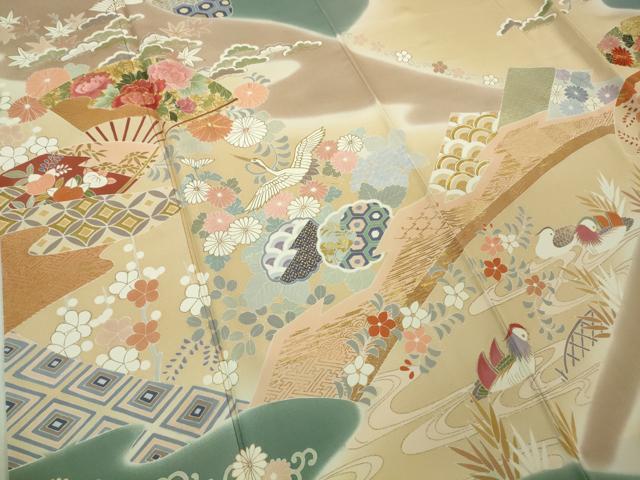 平和屋本店●極上　創業460年・千總　訪問着　駒刺繍　扇面飛鶴鴛鴦花文　丁子色地　暈し染め　金彩　大丸扱い　逸品　DZAB2437kh6