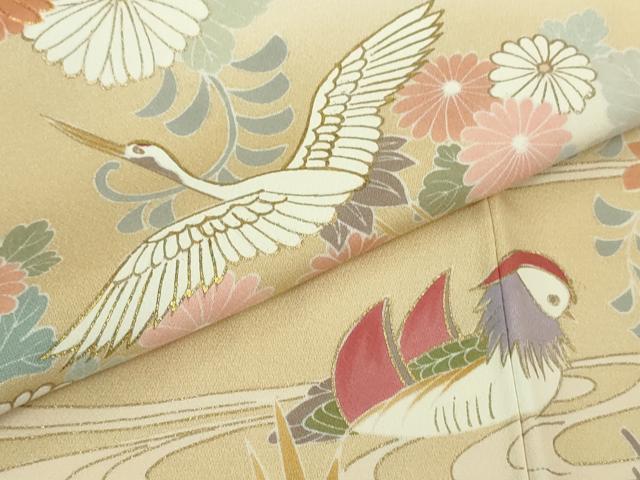 平和屋本店●極上　創業460年・千總　訪問着　駒刺繍　扇面飛鶴鴛鴦花文　丁子色地　暈し染め　金彩　大丸扱い　逸品　DZAB2437kh6