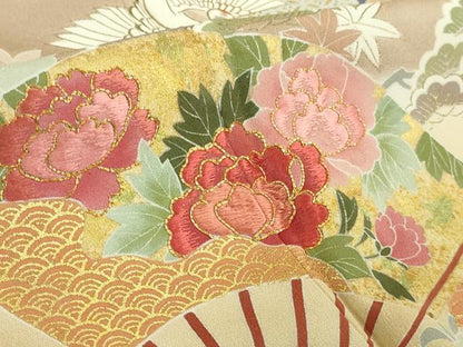 平和屋本店●極上　創業460年・千總　訪問着　駒刺繍　扇面飛鶴鴛鴦花文　丁子色地　暈し染め　金彩　大丸扱い　逸品　DZAB2437kh6