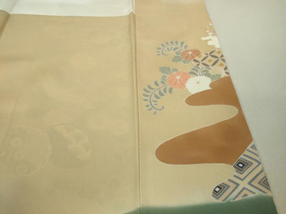 平和屋本店●極上　創業460年・千總　訪問着　駒刺繍　扇面飛鶴鴛鴦花文　丁子色地　暈し染め　金彩　大丸扱い　逸品　DZAB2437kh6
