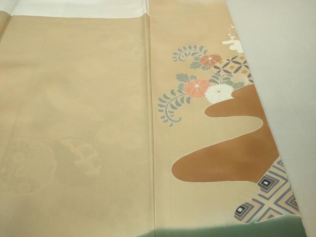 平和屋本店●極上　創業460年・千總　訪問着　駒刺繍　扇面飛鶴鴛鴦花文　丁子色地　暈し染め　金彩　大丸扱い　逸品　DZAB2437kh6
