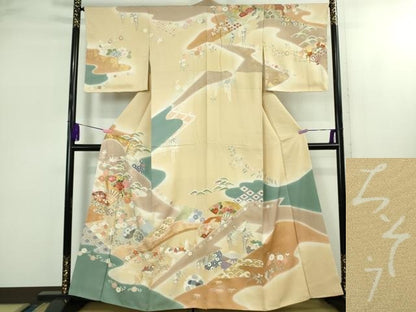 平和屋本店●極上　創業460年・千總　訪問着　駒刺繍　扇面飛鶴鴛鴦花文　丁子色地　暈し染め　金彩　大丸扱い　逸品　DZAB2437kh6