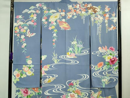 平和屋本店●極上　創業460年・千總 振袖・長襦袢(無双仕立て)セット 駒刺繍 舞蝶鴛鴦花文 青藤色地　金彩　高島屋扱い　逸品　DZAB2439kh6
