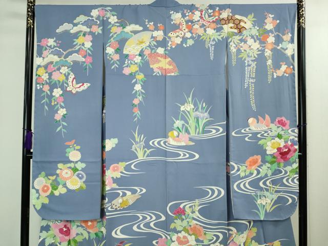 平和屋本店●極上　創業460年・千總 振袖・長襦袢(無双仕立て)セット 駒刺繍 舞蝶鴛鴦花文 青藤色地　金彩　高島屋扱い　逸品　DZAB2439kh6