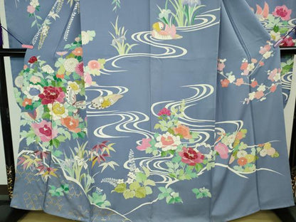 平和屋本店●極上　創業460年・千總 振袖・長襦袢(無双仕立て)セット 駒刺繍 舞蝶鴛鴦花文 青藤色地　金彩　高島屋扱い　逸品　DZAB2439kh6