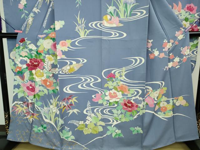 平和屋本店●極上　創業460年・千總 振袖・長襦袢(無双仕立て)セット 駒刺繍 舞蝶鴛鴦花文 青藤色地　金彩　高島屋扱い　逸品　DZAB2439kh6