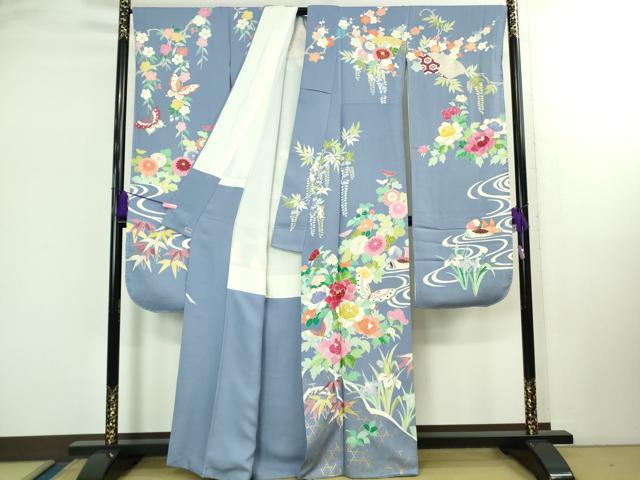 平和屋本店●極上　創業460年・千總 振袖・長襦袢(無双仕立て)セット 駒刺繍 舞蝶鴛鴦花文 青藤色地　金彩　高島屋扱い　逸品　DZAB2439kh6