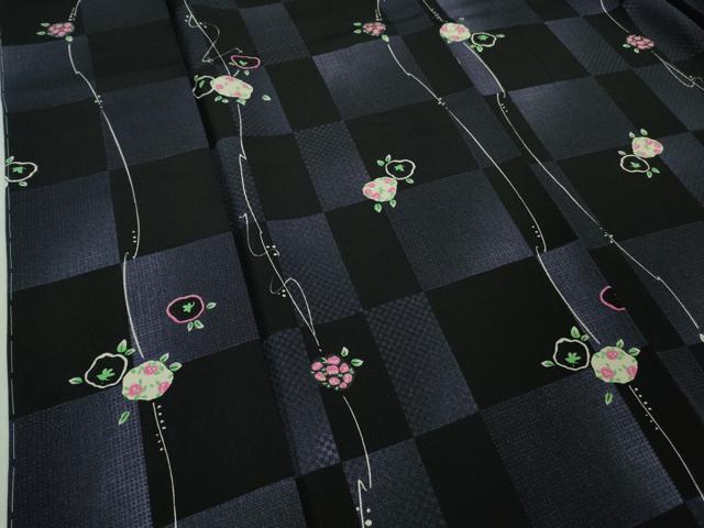 平和屋着物●極上　小紋　市松花文　黒地　京都きもの友禅扱い　ロング丈　逸品　未使用　DZAB2444kh6