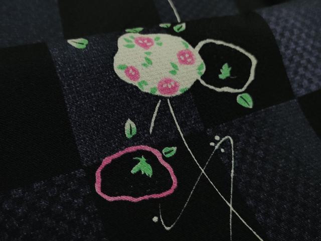 平和屋着物●極上　小紋　市松花文　黒地　京都きもの友禅扱い　ロング丈　逸品　未使用　DZAB2444kh6