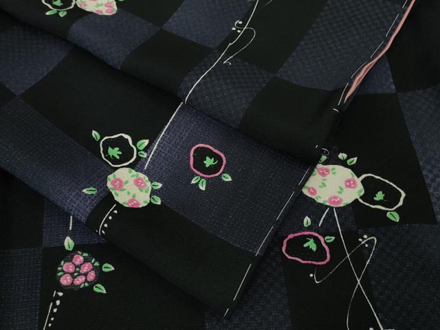 平和屋着物●極上　小紋　市松花文　黒地　京都きもの友禅扱い　ロング丈　逸品　未使用　DZAB2444kh6