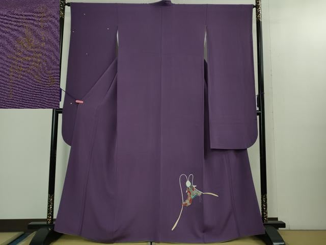 平和屋本店●極上　世界的人形師　辻村寿三郎　ジュサブロー　振袖　兎と亀　葡萄色地　鬼しぼ縮緬　逸品　DZAB2445kh6