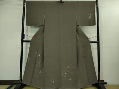 平和屋着物●極上　訪問着　刺し子　総刺繍　梟　ふくろう　紫鼠色地　逸品　未使用　DZAB2452kh6