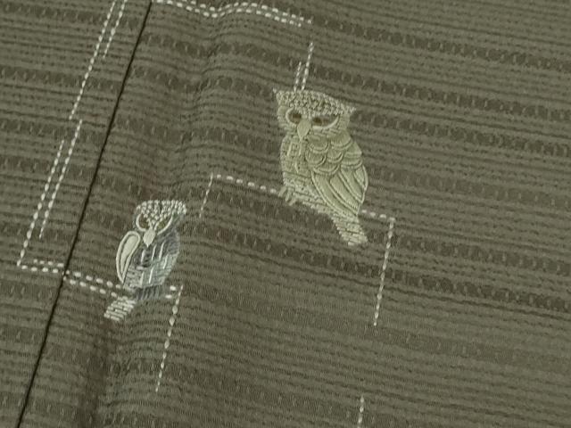 平和屋着物●極上　訪問着　刺し子　総刺繍　梟　ふくろう　紫鼠色地　逸品　未使用　DZAB2452kh6