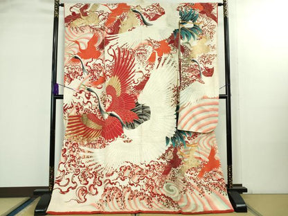 平和屋本店●極上　アンティーク　大正ロマン　振袖　刺繍　飛鶴文　金彩　逸品　DZAB2455kh6