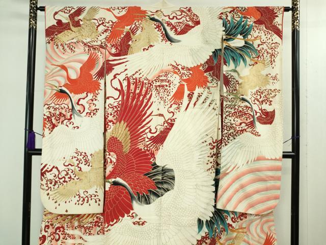 平和屋本店●希少　アンティーク　大正ロマン　振袖　刺繍　鳩羽　ハト　霞花文　金彩　逸品　DZAB4373kh6 平和屋着物○アンティーク 大正ロマン 振袖 駒刺繍 松皮菱枝花文 金彩