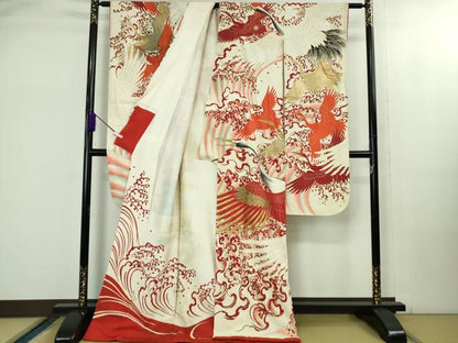 平和屋本店●極上　アンティーク　大正ロマン　振袖　刺繍　飛鶴文　金彩　逸品　DZAB2455kh6