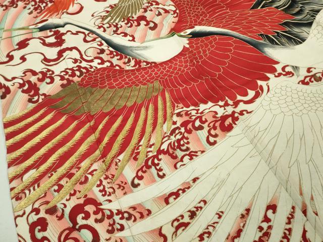 平和屋本店●極上　アンティーク　大正ロマン　振袖　飛鶴文様　暈し染め　金彩　逸品　CZAA4778s6 平和屋本店□極上 アンティーク 大正ロマン 振袖 刺繍 飛鶴渡橋風景 暈し