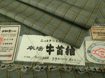 平和屋本店▽極上 石川県指定無形文化財 牛首紬 白山工房 手織り 単衣 間道 ほていや扱い 証紙付き 逸品 未使用 DZAB2458kh6
