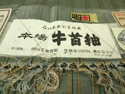 平和屋本店▽極上 石川県指定無形文化財 牛首紬 白山工房 手織り 単衣 間道 ほていや扱い 証紙付き 逸品 未使用 DZAB2458kh6