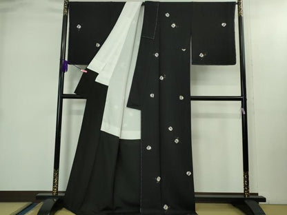 平和屋着物●極上　小紋　手描き　ふくろう　梟　黒地　金彩　ロング丈　逸品　未使用　DZAB2467kh6