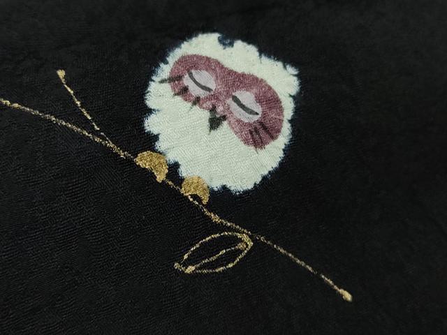 平和屋着物●極上　小紋　手描き　ふくろう　梟　黒地　金彩　ロング丈　逸品　未使用　DZAB2467kh6