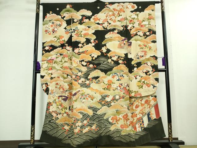 平和屋着物●極上　アンティーク　大正ロマン　振袖　駒刺繍　扇面吉祥花文　黒地　金彩　逸品　DZAB2482kh6