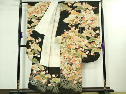 平和屋着物●極上　アンティーク　大正ロマン　振袖　駒刺繍　扇面吉祥花文　黒地　金彩　逸品　DZAB2482kh6