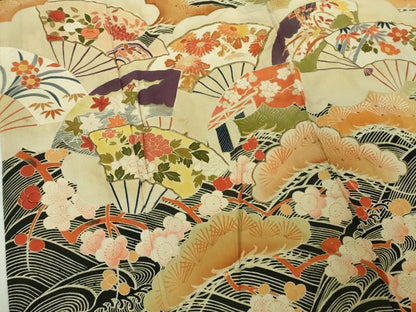 平和屋着物●極上　アンティーク　大正ロマン　振袖　駒刺繍　扇面吉祥花文　黒地　金彩　逸品　DZAB2482kh6