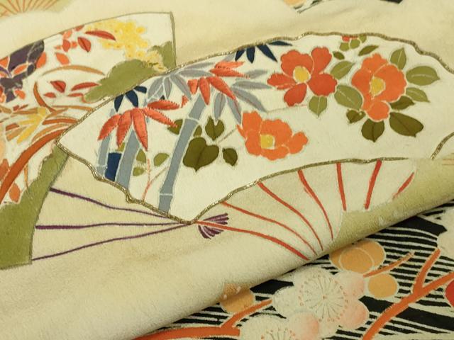平和屋着物●極上　アンティーク　大正ロマン　振袖　駒刺繍　扇面吉祥花文　黒地　金彩　逸品　DZAB2482kh6