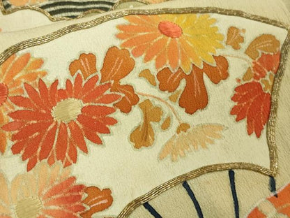 平和屋着物●極上　アンティーク　大正ロマン　振袖　駒刺繍　扇面吉祥花文　黒地　金彩　逸品　DZAB2482kh6
